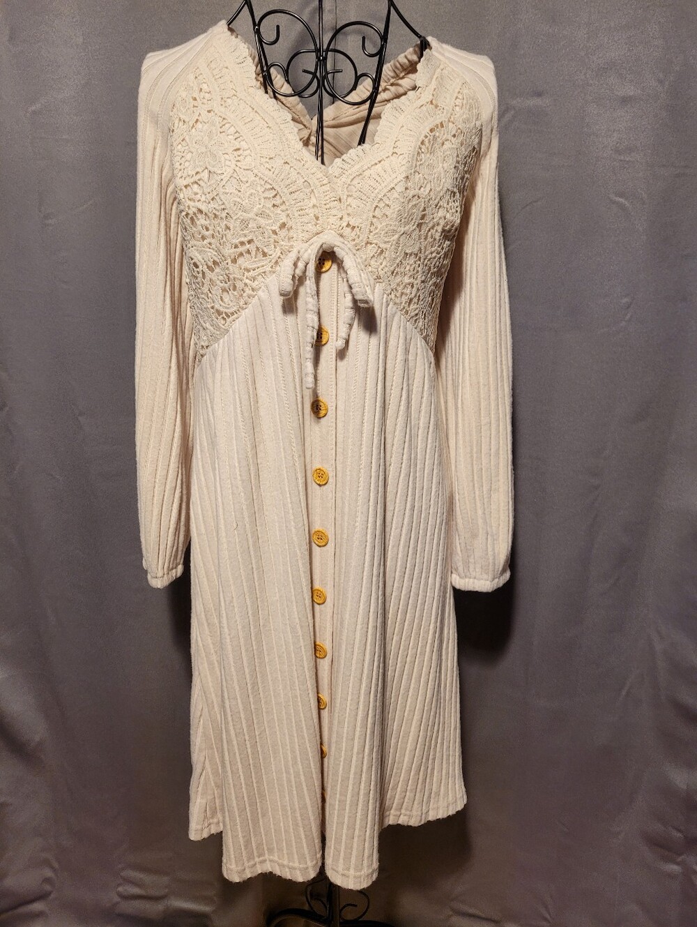 Amazon Cream Long-Sleeve Lace-Trim Button Front Dress